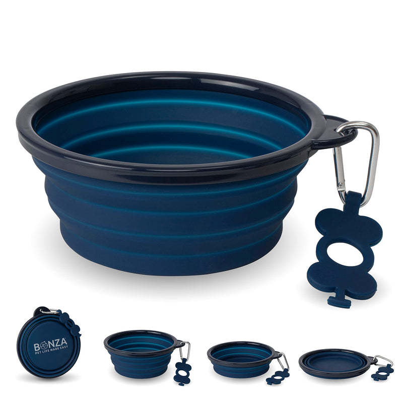Bonza Collapsible Dog Water Bowl - BPA-Free Silicone Dog Dish - Reinforced Rim Collapsible Bowl - Carabiner Clip Travel Dishes for Pets - for Hiking, Camping & Car Trips - Large 33 Oz, Navy Blue