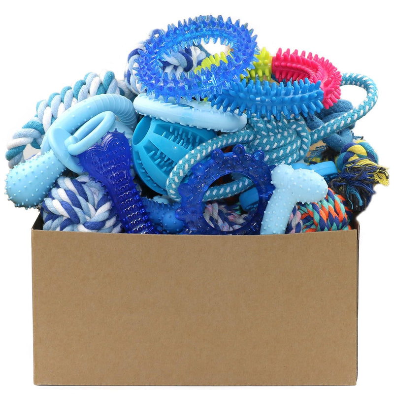 Beiker 20 Pack Puppy Chew Toys - Blue Dog Teething Toys for Puppies, Puppy Teething Rings and Ropes, Rubber Toy Bundle for Small Dogs, Cute Interactive Dog Balls for Small Breed