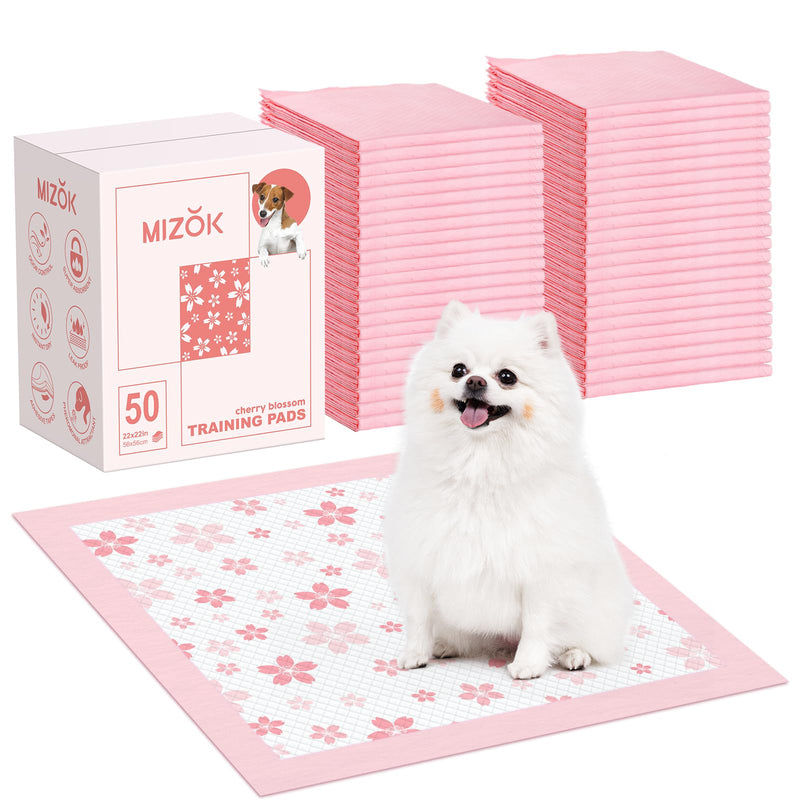 MIZOK Puppy Pads Pink 22x22in, Quick-Dry Puppy Training Pads with Pheromone Attractant, Decorative Cherry Blossom 6-Layer Heavy Duty Leak-Proof Pet Pads, Disposable (50 Count)