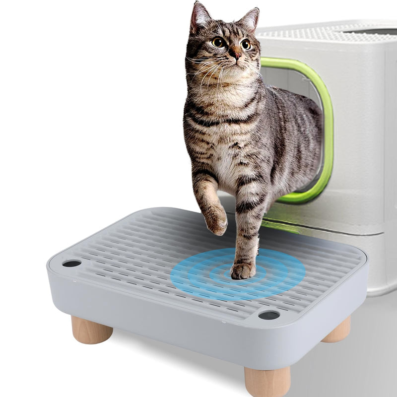 Litter Box Step, Litter Box Ramp/Catcher with Wooden Base,Pet Step Stool for Filter Function, Easy to Clean,Ideal for Kitten/Elderly Cats(Gray)