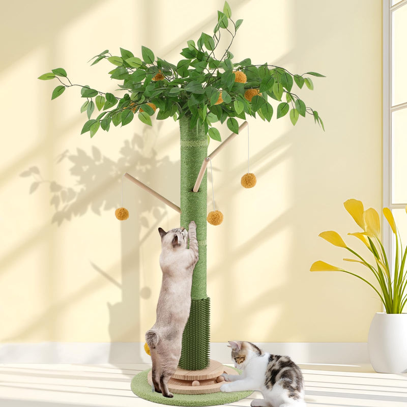 Sheripet Cat Scratching Post, 45 Inch Tall Cat Scratcher Tree for Indoor Cats Adults with Natural Sisal Rope, Large Scratching Posts with Rubber Brush, 3-Layer Solid Wood Base and Balls Track Toy