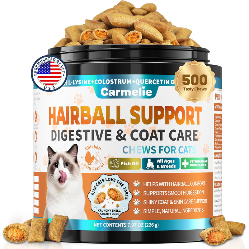 Hairball Treatment for Cats – 500 Crunchy & Creamy Hairball Treats for Cats – Indoor Feline Digestion Formula for Hairball Control, Cat Hairball Remedy & Digestive Support, Chicken & Krill Flavor