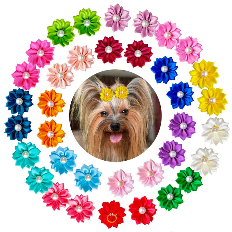Mruq pet 80pcs Dog Flower Bows, Bulk Pet Small Dog Hair Bows with Rubber Bands, Mix Handmade Tiny Dog Hair Grooming Bows, Pearls Flowers Topknot Dog Bows for Puppy Yorkie Dog Hair Accessories