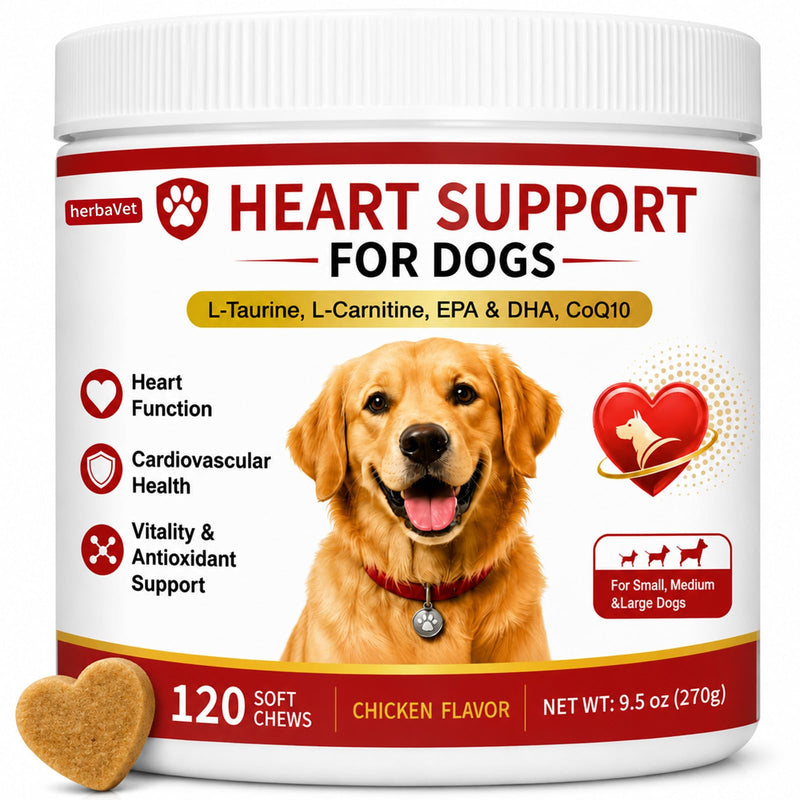 Taurine for Dogs, Heart Support Supplement, Antioxidant - Rich L-Taurine, L-Carnitine, EPA & DHA, CoQ10, Supports Cardiovascular Wellness, Circulation & Heart Function – 120 Chicken Flavour Soft Chews