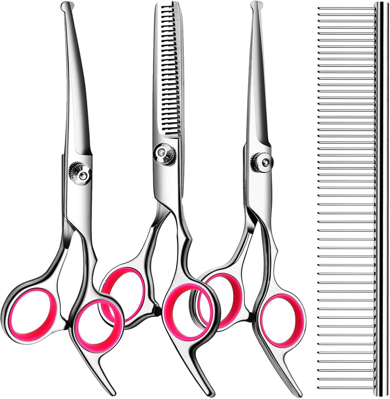 TINMARDA Dog Grooming Kit, Professional Stainless Steel Dog Grooming Scissors with Curved Shears, Pink Finger Rings - 4 Piece Sharp Durable Pet Shears for Dogs Cats At Home Salon-Quality Grooming