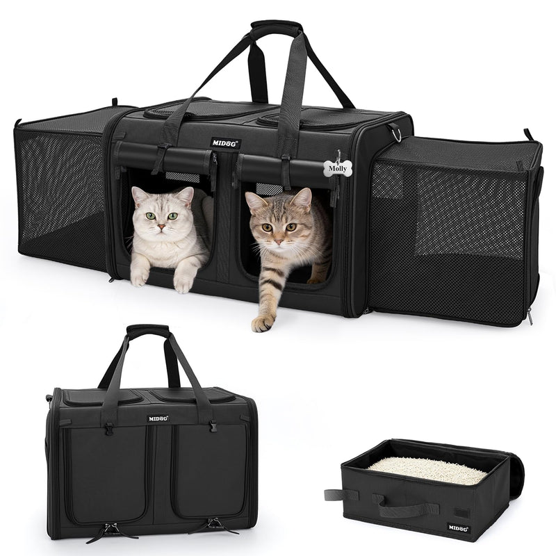 MIDOG 2 Cat Carrier with Litter Box, Expandable Dual Compartment Cat Carrier for 2 Cats, Large Soft Sided Double Pet Carrier for Car Travel, Moving