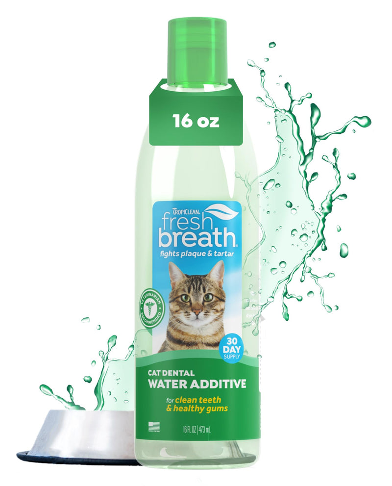 TropiClean Fresh Breath Water Additive for Cats, Cat Teeth Cleaning and Breath Freshener Solution, Complete No Brushing Dental Care, 16 oz.