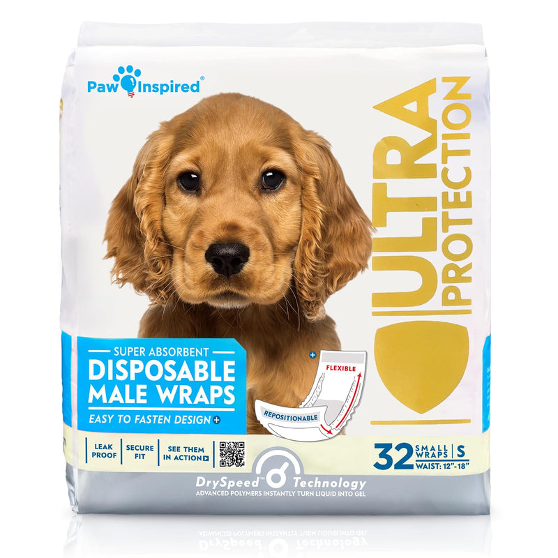 Paw Inspired Male Dog Wraps, Disposable Dog Diapers | Belly Bands for Small, Medium, Large Dogs (32 Count, Size Small)