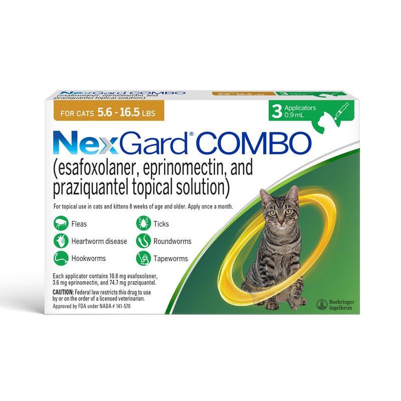 NexGard® Combo (esafoxolaner, eprinomectin, and praziquantel Topical Solution) Flea and Tick Protection Plus Heartworm Disease Preventive for Cats, 5.6-16.5 lbs. (Yellow Box) 3 Doses (3 Month Supply)