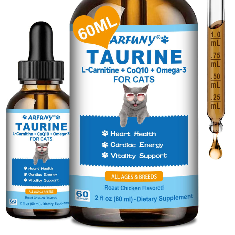 Taurine for Cats - Taurine Supplement for Cats Heart Health, Cardiac Function, Immune System Support - with L-Carnitine, CoQ10, Omega-3, L-Arginine - 60ML, Roast Chicken Flavor