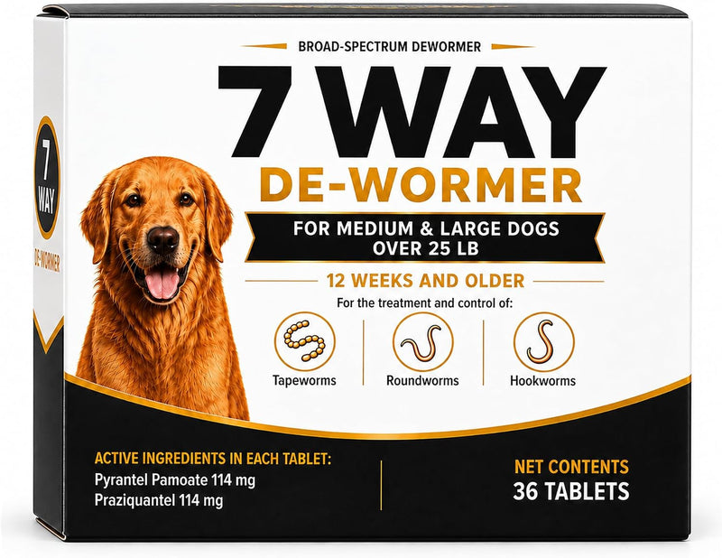 7-Way Dewormer Tablets for Dogs, Praziquantel & Pyrantel Pamoate Formula, Medium & Large Dogs Over 25 lb, 36 Tablets