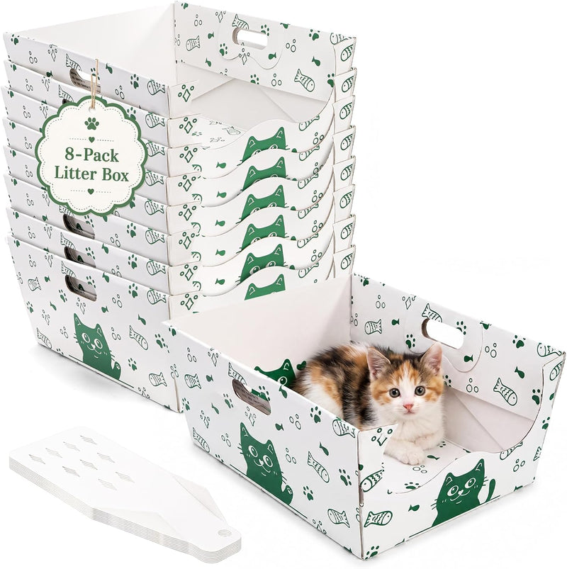 SOUJOY 8 Pack Disposable Cat Litter Box, Sturdy White Cardboard Litter Boxes with Scoop, Anti-Splashing Foldable Enclosed Travel Litter Tray for Cats Puppies Small Pets, 16