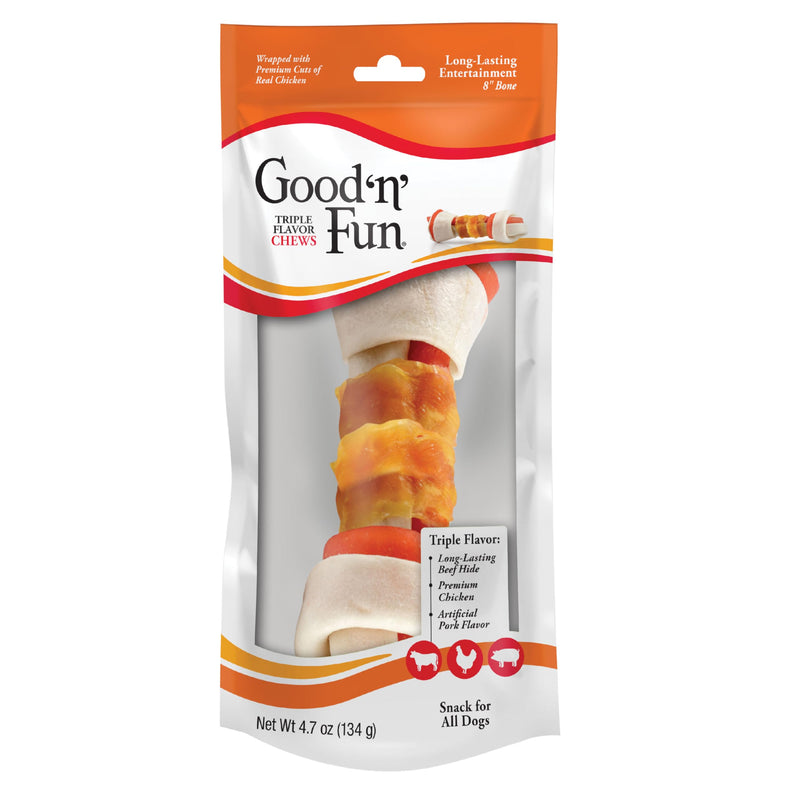 Good ‘n’ Fun Triple Flavor 8-Inch Bone for All Dogs, 1 Count, Treat Your Dog to Long-Lasting Chews Made with Beef Hide, Chicken and Artificial Pork Flavor