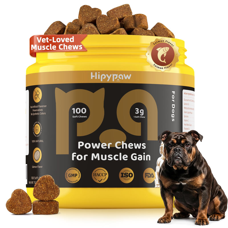 HipyPaw 4-in-1 Muscle Gain Chews for Dogs: High Protein Supplement with BCAAs, Glucosamine & Salmon Oil – Premium Muscle Builder for All Breeds, Puppies to Senior – Salmon Flavor Soft Chews, 100 Tabs