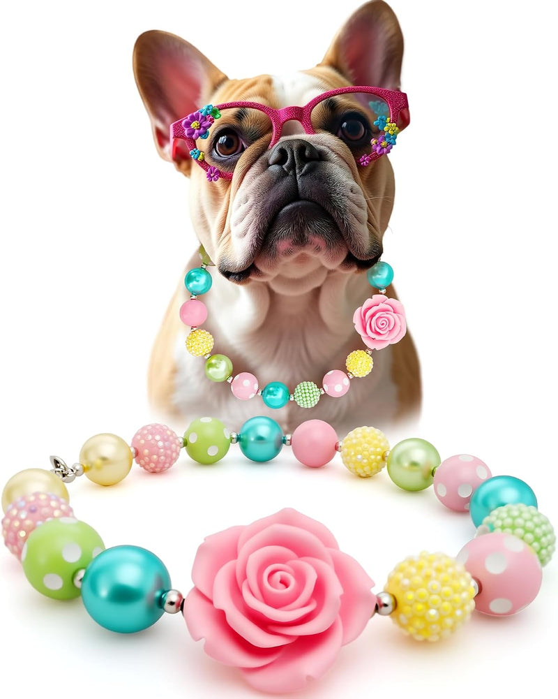 Hosiwei Princess Bubblegum Dog Collar Necklace, Chunky Beads (19mm) with Flower Charm Pet Collar | Adjustable Sparkling