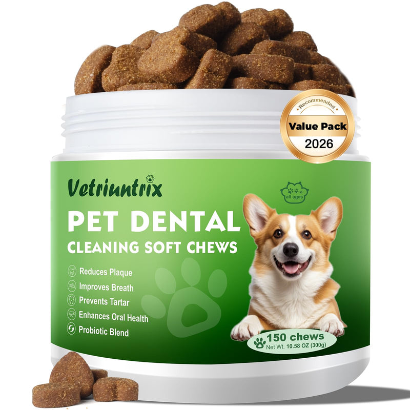 Vetriuntrix Teeth Cleaning Chews for Dogs, Dog Dental Soft Chews for Plaque & Tartar Control with Natural Enzymes, Dental Care for Dogs Fresh Breath with Probiotic