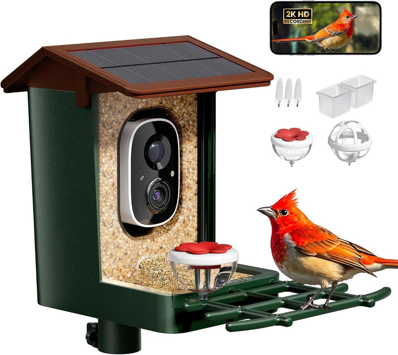 Smart Bird Feeder with Camera Solar Powered 2K HD Video, 10,000+ Species AI Recognition, Real-Time App Alerts, and Weath