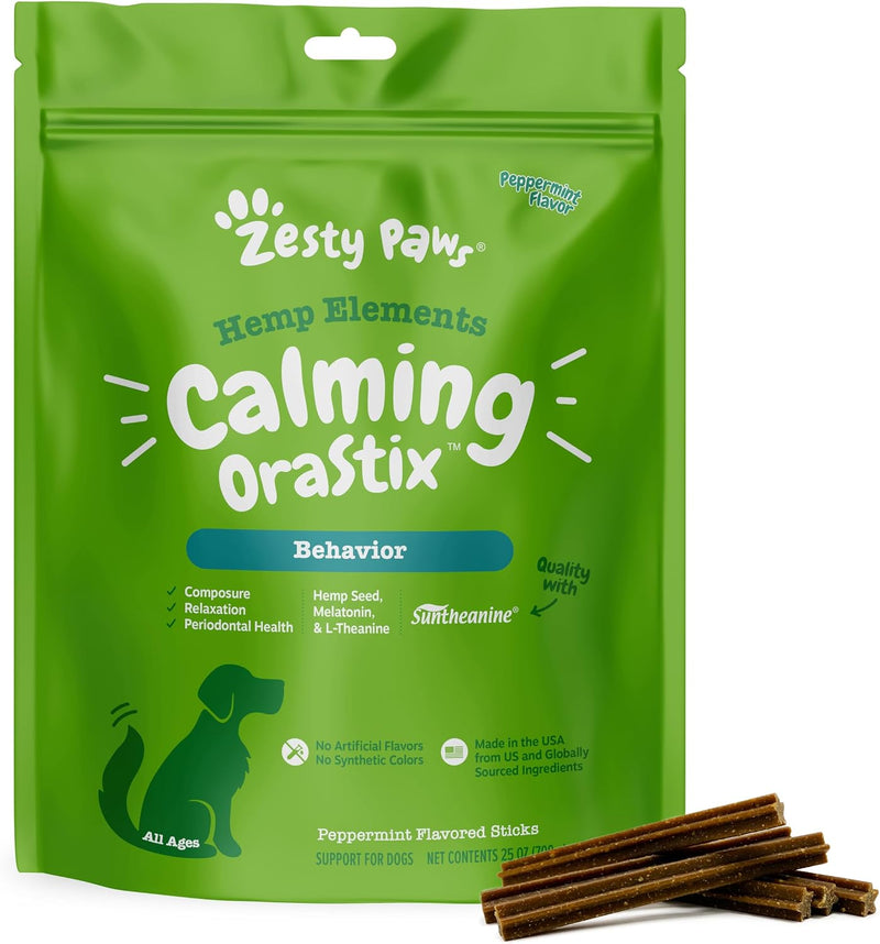 Zesty Paws OraStix for Dogs - Calming Dental Sticks for Stress with Hemp Melatonin Chamomile Dog Healthy Teeth and Gums Calm Composure for Fireworks and Thunderstorms - 25oz
