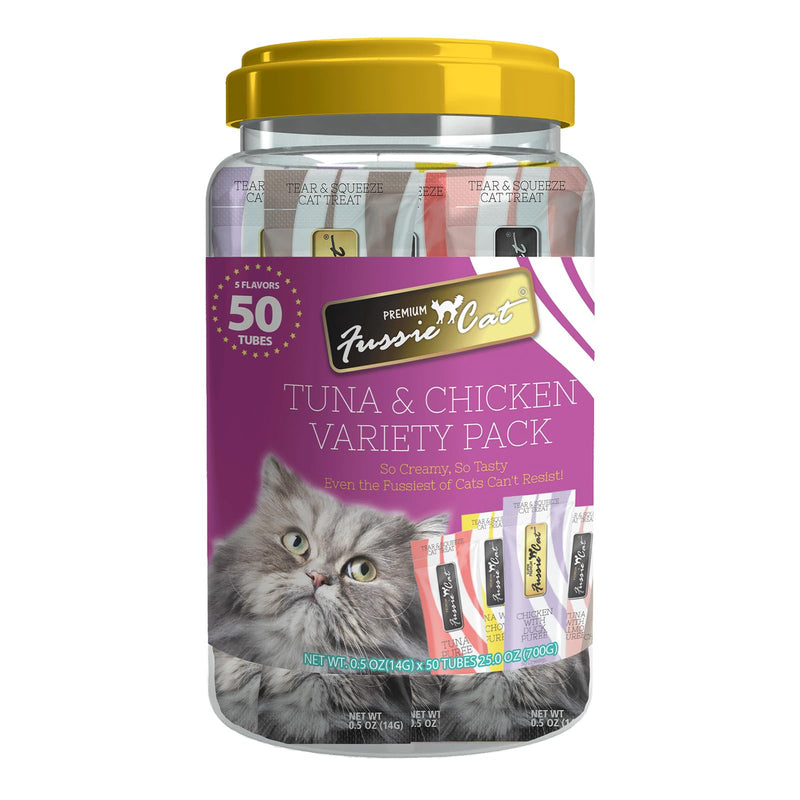 Fussie Cat, 0.5 Ounces Each, 50 Tubes, Tuna & Chicken Variety 5 Flavors
