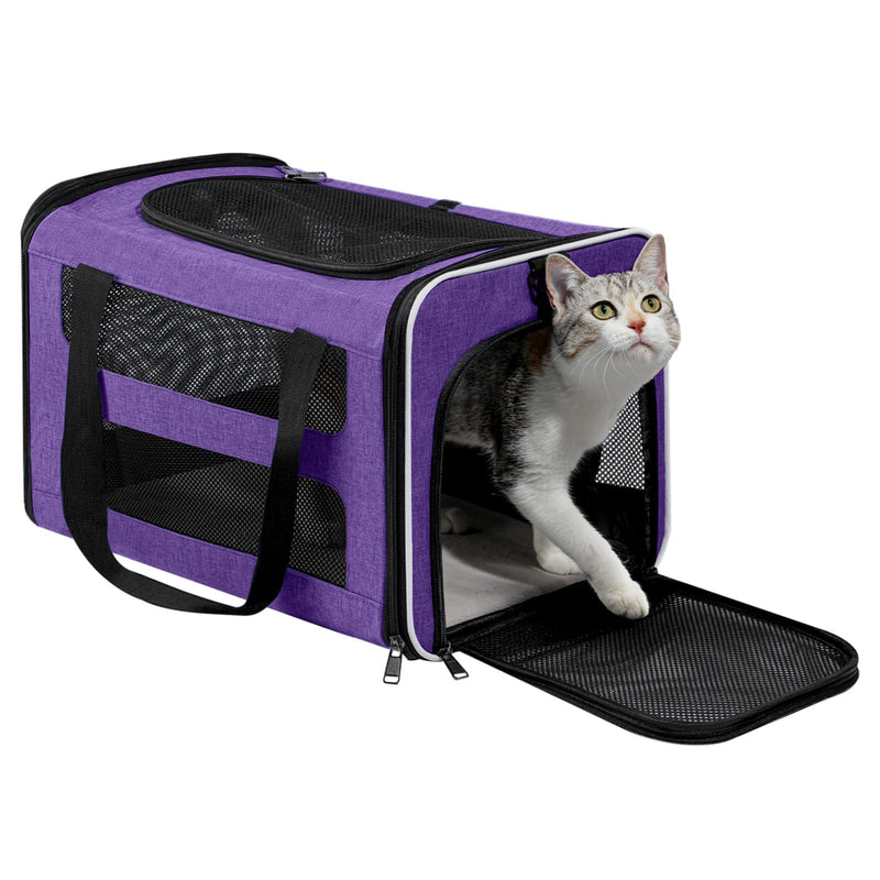 PAPZER Cat Carrier Soft-Sided Travel Bag for Medium to Large Cats Over 15lbs, Small Dog Carrier Crate Top Entry Breathable Mesh Puppy 12 Pounds, Pet Rabbit Carrying Cage Kennel Collapsible Purple