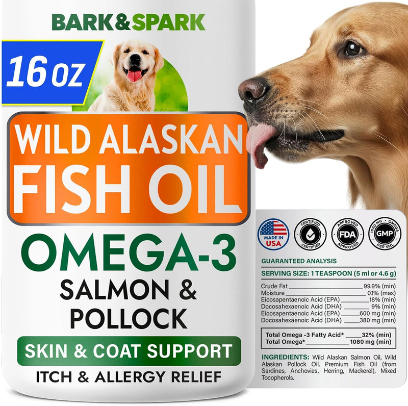 Omega 3 Fish Oil Liquid Supplement for Dogs - Wild Alaskan Salmon Oil