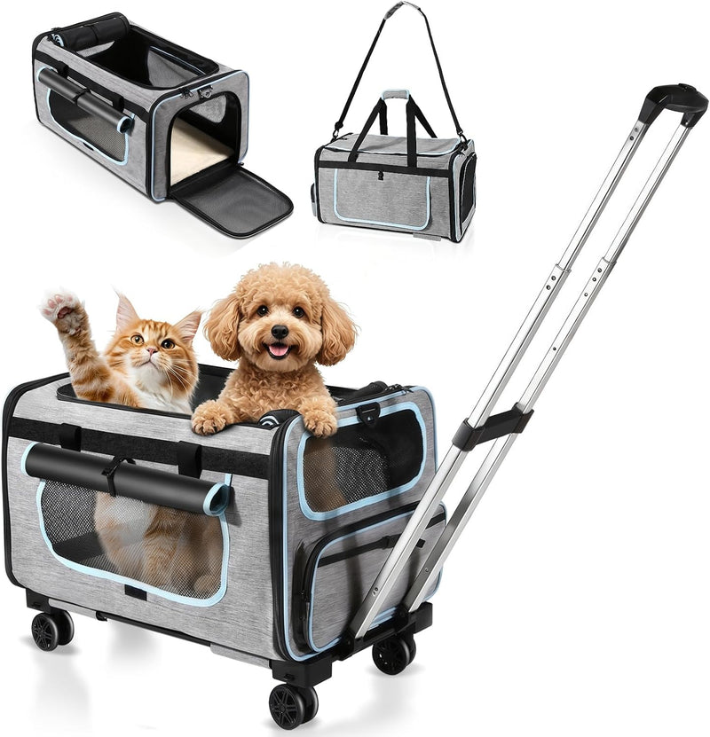 Large Pet Carrier with Detachable Wheels, 2 IN1 Foldable Soft-Sided Carriers- Designed for Dogs & Cats, Telescopic Handl