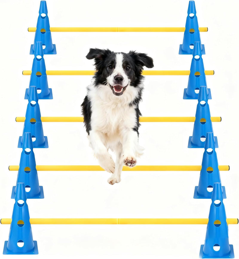 Dog Agility Hurdle Cone Set, 10er 12.5Inch Agility Cones and 5er 31.5Inch Agility Rods, Height Adjustable Crossbar for D