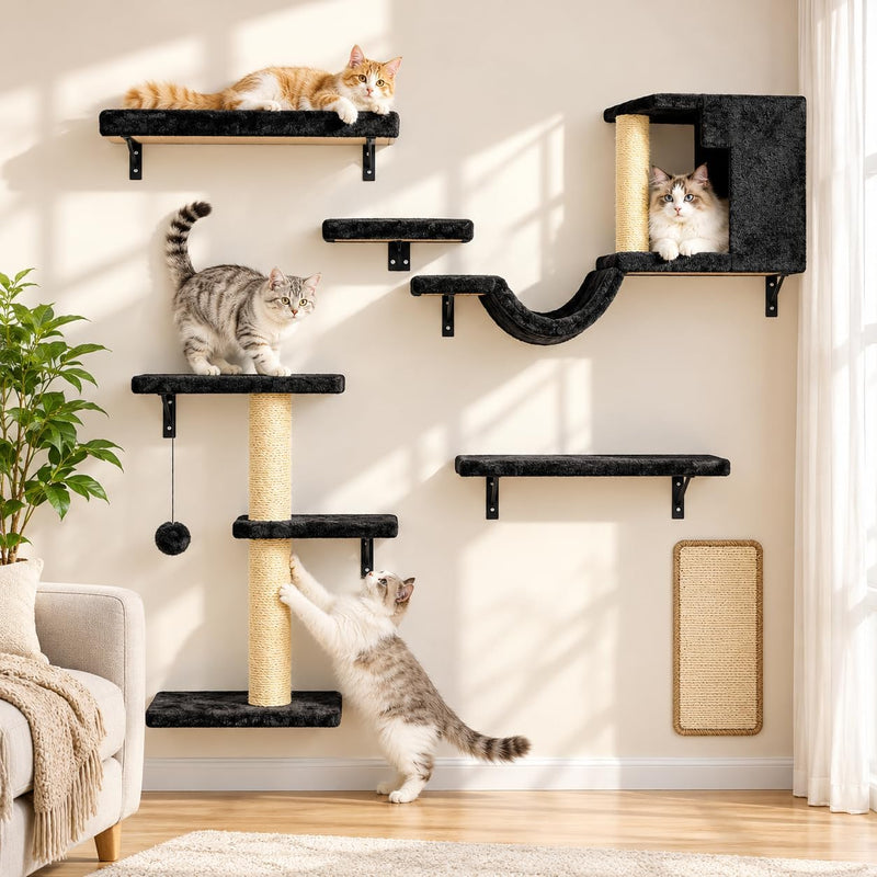 Cat Wall Shelves, Black, 6 in 1 Wall Mounted Cat Furniture Set