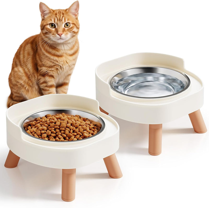 Elevated Cat Bowls, 2P Raised Cat Food and Water Bowl Set for Indoor Cats, Splash Proof with 2 Stainless Steel Pet Food