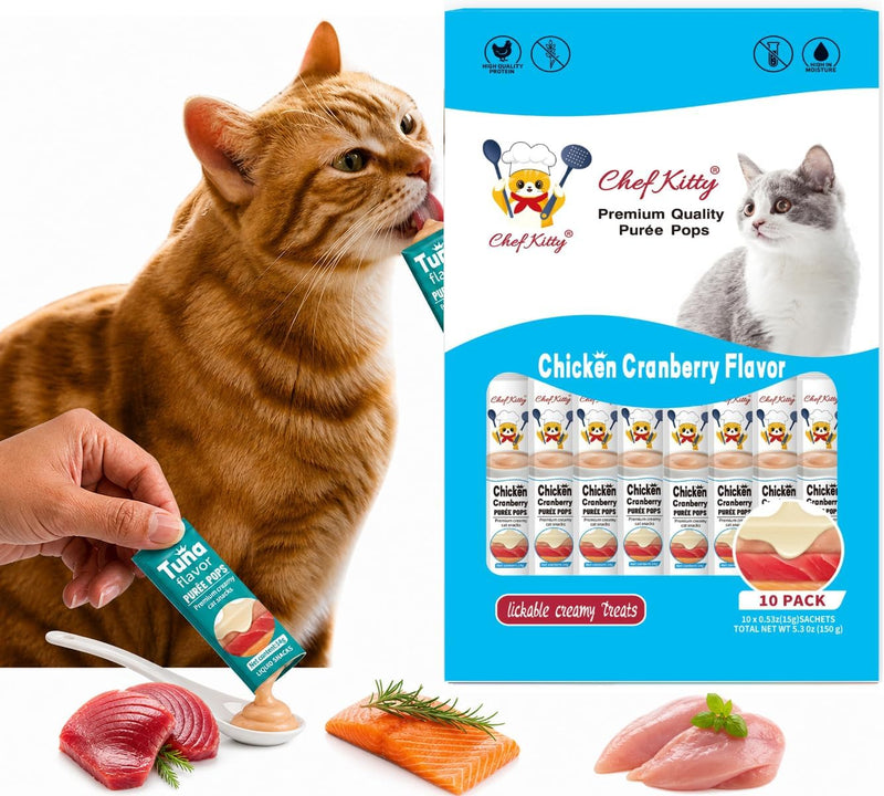 Lickable Cat Treats, Chicken & Cranberry Puree Topper, 10 Tubes