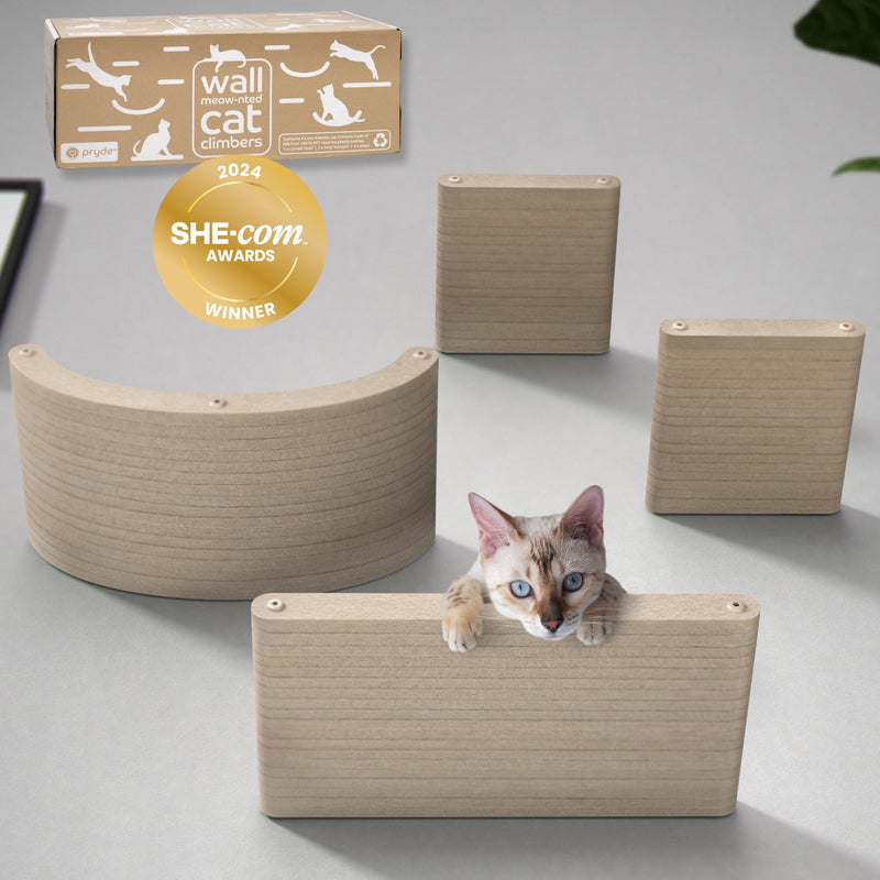 Wall Mounted Cat Shelves (Set of 4) by Pryde Pets - 100% Sustainable PET Felt Feline Enrichment Climber Furniture for Small & Large Indoor Cats, Modern Climbing Gym Jungle Design (Oatmeal)