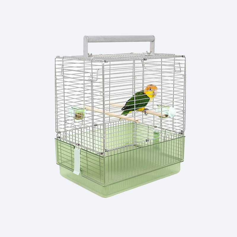 YOOSO WING 304 Stainless Steel Travel Bird Cage, 17 Inch Foldable Carrier for Conures Cockatiels Grey Parrots Caiques, with Aluminum Handle Perch (Green, Large Birdcage)