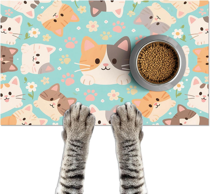 HOMETITUTE Cat Feeding Mat Blue Kitten Print Bowl Placemat 24 x 16 Inch