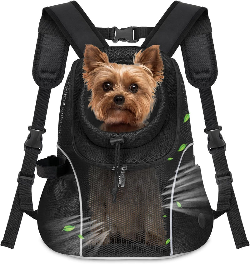 WOYYHO Pet Dog Carrier Backpack Small Dog Front Backpack Ventilated Mesh Dog Travel Back Pack with Safety Belt for Travel Hiking Cycling Outdoor Adventures (Size M: 5-9 lbs, Black)