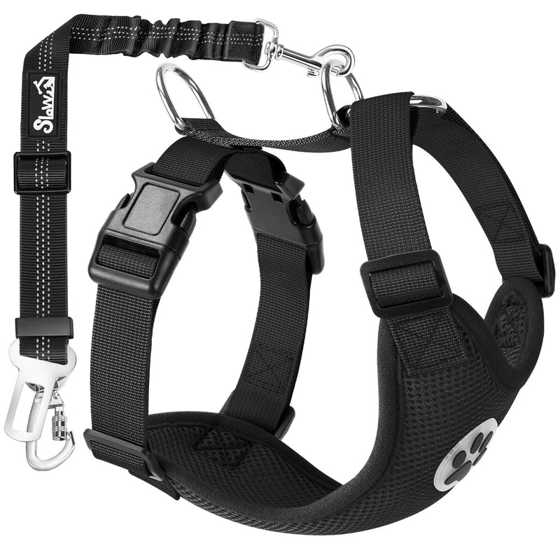 SlowTon Dog Seat Belt Harness for Car, Dog Car Harness Adjustable Mesh Breathable & Dog Seatbelt Safety Tether with Elastic Bungee for Small Medium Large Pets(Black, Double Clip, M)