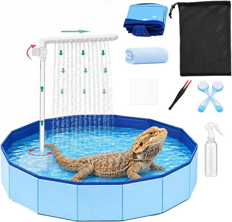 Bearded Dragon Pool with Water Fountain Flow Valve, Electric Reptile Tub