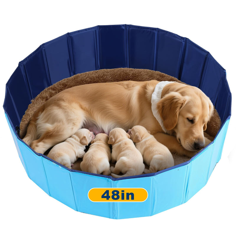 FLKQC Whelping Pen for Dogs, Foldable Birthing Pool for Dogs, Whelping Box for Dogs and Puppies, Poartable Plastic Swimming Pool & Bath Tub (Blue) (47.2” Dia. × 11.8”H (120cm × 30cm))