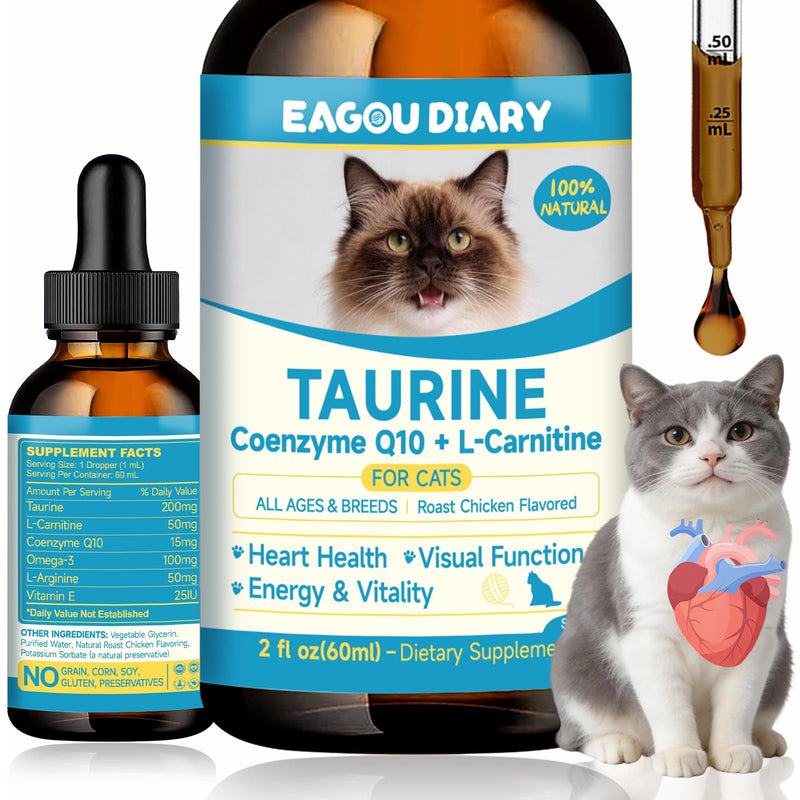 Taurine for Cats Drop - Taurine Supplement for Cats, Supports Feline Heart & Immune Function, Vision, Energy & Vitality, Coenzyme Q10, L-Carnitine, L-Arginine, Vitamin, Liquid Cat Taurine 60ML
