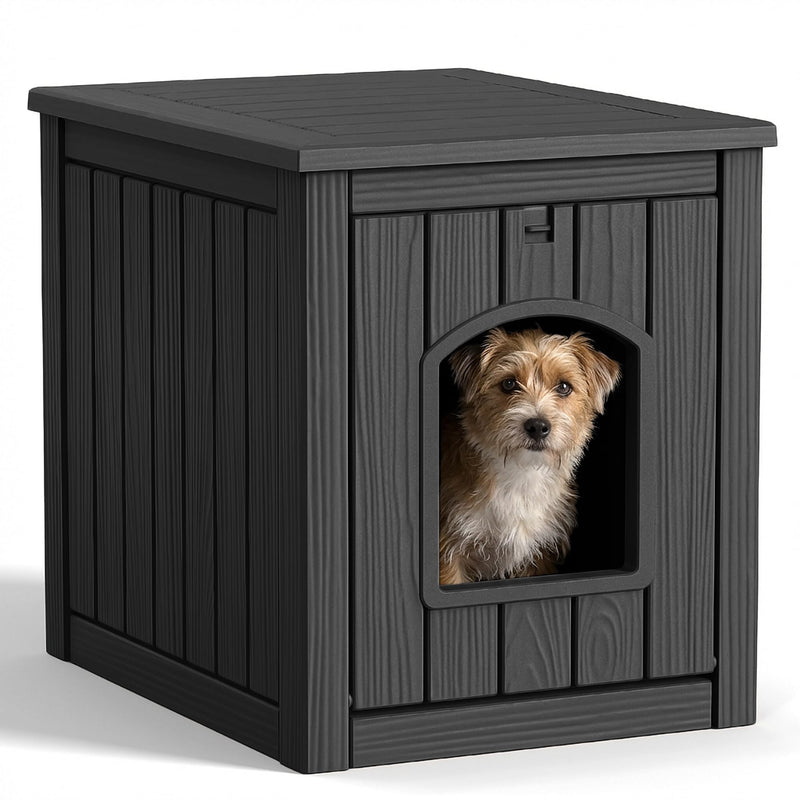 DRATO Outdoor Indoor Dog House,Resin Material Ventilate Waterproof Added to The Bottom,Multi-Functional Pet House for Small to Medium Dog(Black, Medium)