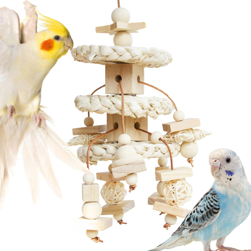 Vildroohowl Natural Bird Toys for Quaker Parrot, Lovebird, Parakeet, Cockatiel & Conure – for Chewing, Shredding & Foraging, Corn Husk, Wood & Vine with Leather Cord for Small & Medium Birds