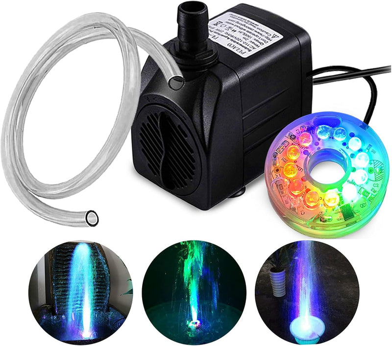 PULACO 160GPH Small Fountain Pump, 10Watt Submersible Pump with Automatic Color Changing LED Light and 3.3 ft Tubing for