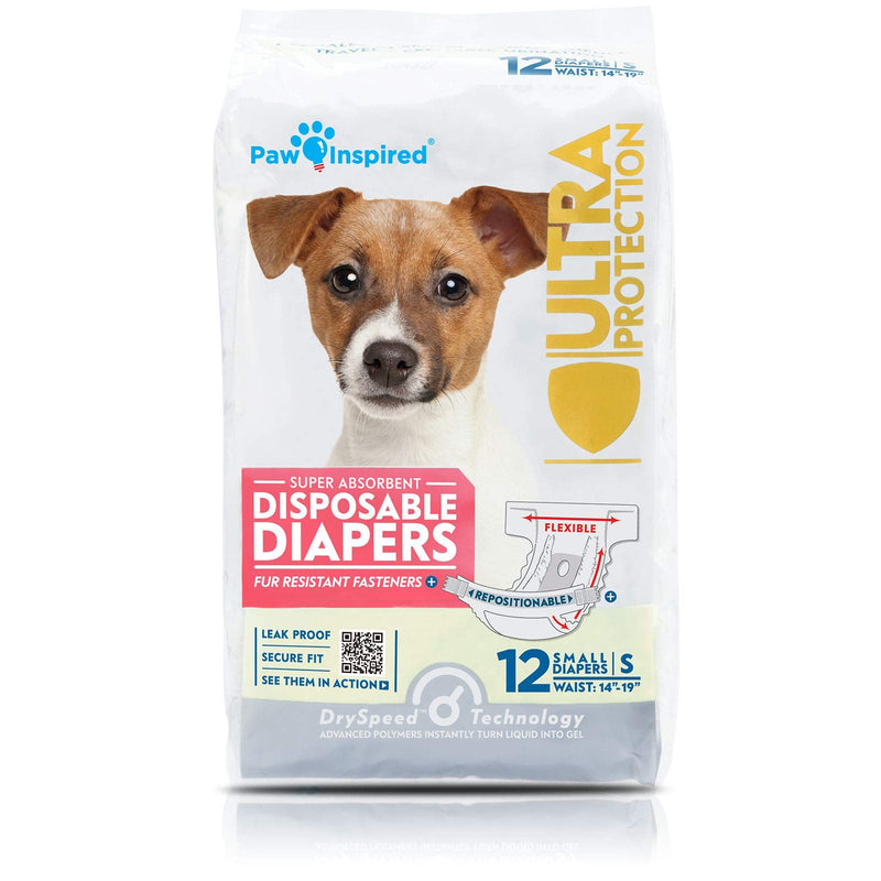 Paw Inspired Disposable Dog Diapers | Female Dog Diapers Ultra Protection | Diapers for Dogs in Heat, Excitable Urination, or Incontinence (12 Count, Small)