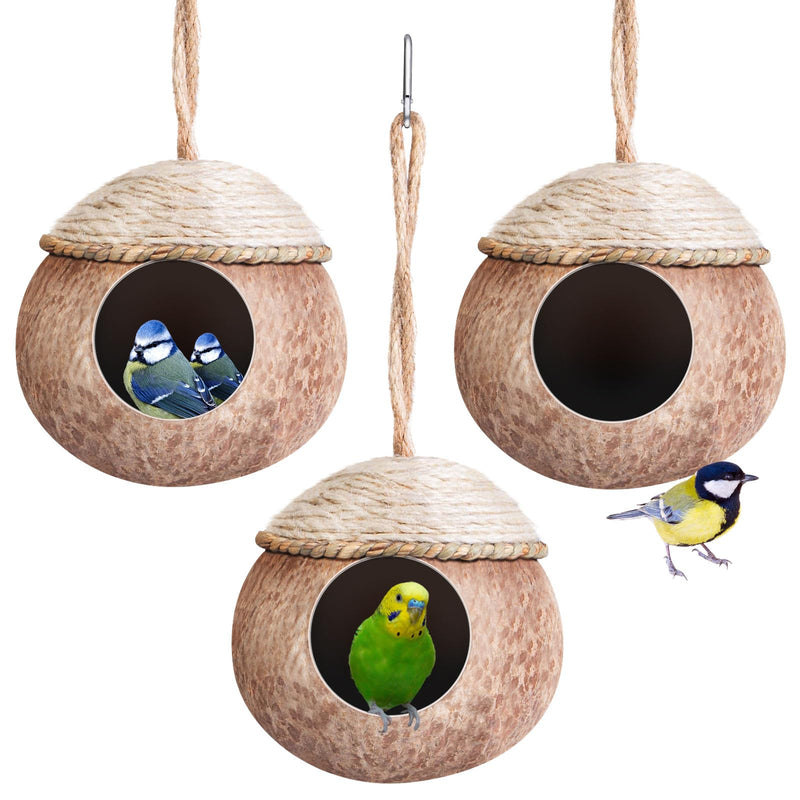 Suzile 3 Pcs Natural Coconut Bird Nest for Cage Hanging Birds House Parakeet Hide Breeding Hut Bird Cage Habitats Decor for Parrot, Cockatiel, Lovebird, Finch, Squirrel, Hamster