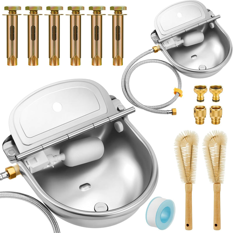 Tessco 2 Sets 4L/135oz Automatic Animal Drinking Water Trough Bowl with Float Valve Waterer Kit Livestock for Dog Horse