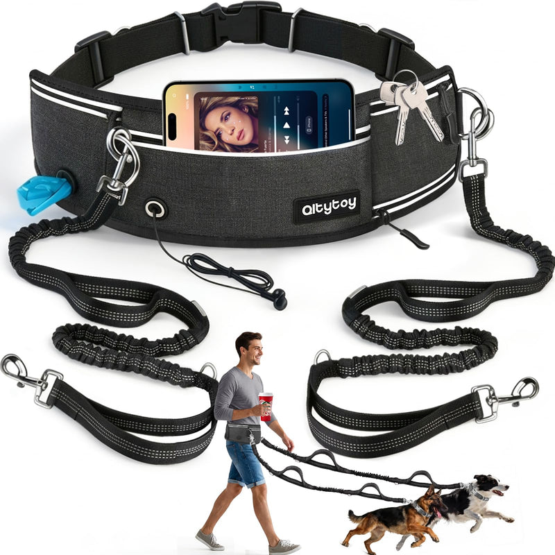 Qltytoy Hands Free Double Dog Leash for Two Dogs,240LB Heavy Duty Retractable with Partitioned Pouch Adjustable Waist for Walking Running Jogging Hiking Biking Training for Medium/Large(Not for<25LBS)