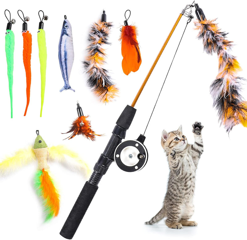 9 PCS Cat Fishing Pole Toy, Retractable Cat Feather Toys with Cat Wand Plush Fish Worm Feathers with Bells Catnip Intera