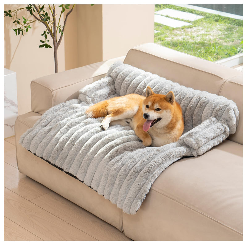 Avont Dog Bed Mat for Couch, Warm Fluffy Calming Sofa Topper Furniture Protector for Small Medium Large Dogs Cats with Removable Washable Cover -Lightgrey(M)