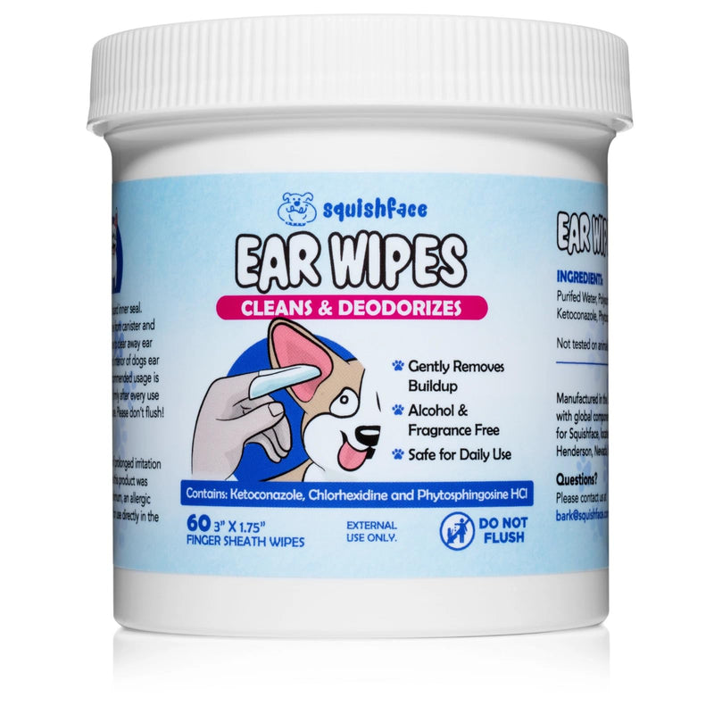 Squishface Dog Ear Relief Individual Finger Sheath Wipes – Non-Allergenic Ingredients & Irritation-Reducing Formula Cleans & Deodorizes, Helps Prevent Ear Itch & Odor – for All Breeds! (60 Count)