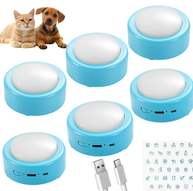 Topodome Rechargeable Cat Talking Buttons (6-Pack), 200g Easy-Press for Small Dogs & Cats Communication, Recordable Buttons for Pet Voice Speech, 24s Clear Audio, Stickers & Gift Box - Blue