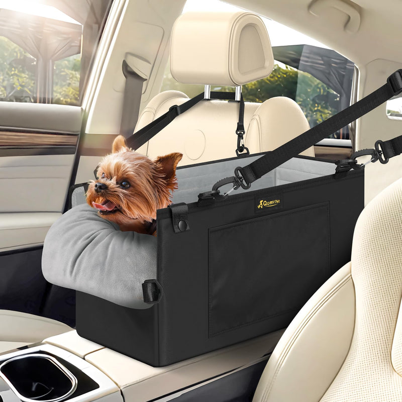 QUMY Dog Car Seats for Small Dogs Up to 11lbs, Portable Center Console Dog Booster Seat, Multi-Purpose Puppy CarSeat with Adjustable Safety Belt, Travel Pet Car Carriers for Small Dogs and Cat, Black